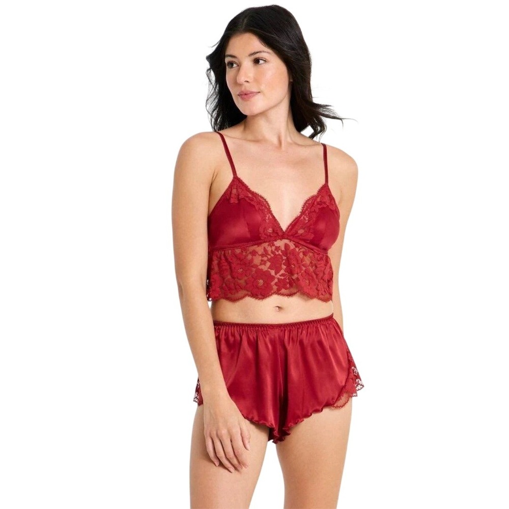 Auden Women's Red Adjustable Straps Lace Satin Babydoll Lingerie Top Size S